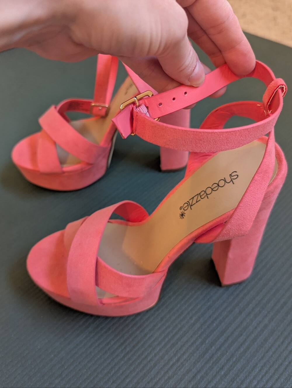 Shoe Dazzle Pink Suede Platform Block Heel Sandals